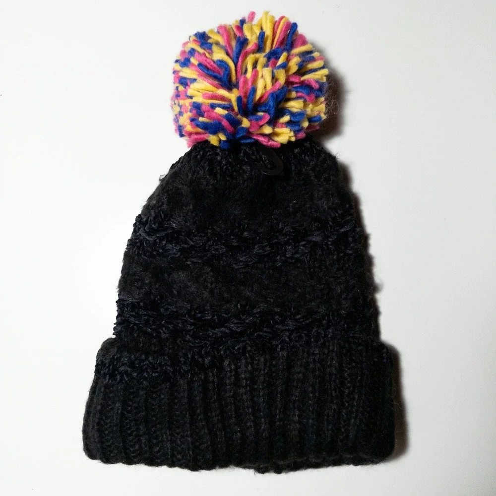 INC International Concepts Womens Beanie One Size Black Multi Pom Pom Knit Hat